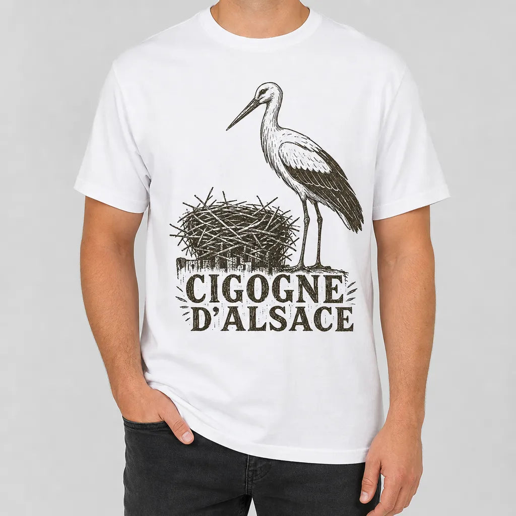 T-shirt blanc cigogne d'Alsace porté