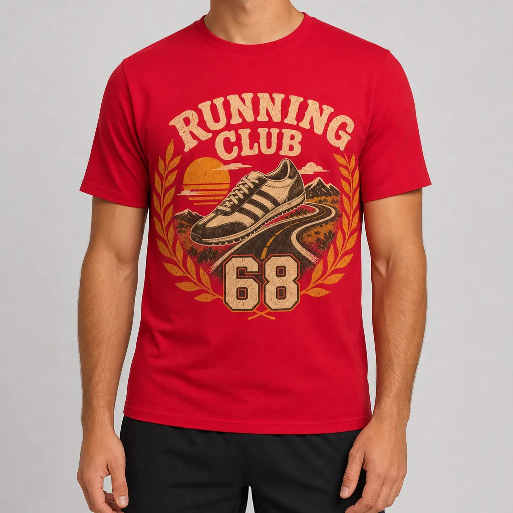 T-shirt rouge écusson running 68 porté