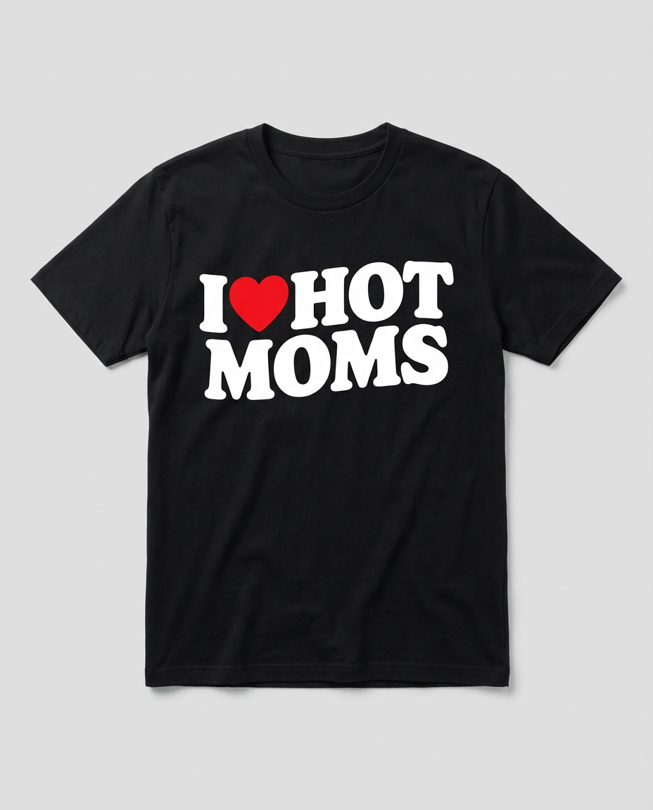 T-shirt noir I love Hot Moms à plat