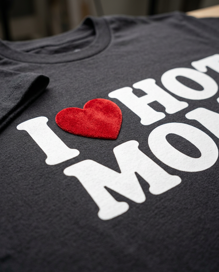 Gros plan cœur rouge en flocage velours t-shirt Hot Moms