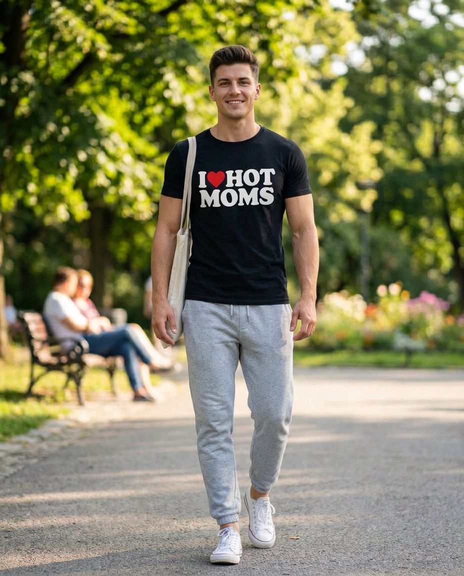 Jeune homme sportif portant le t-shirt noir I love Hot Moms